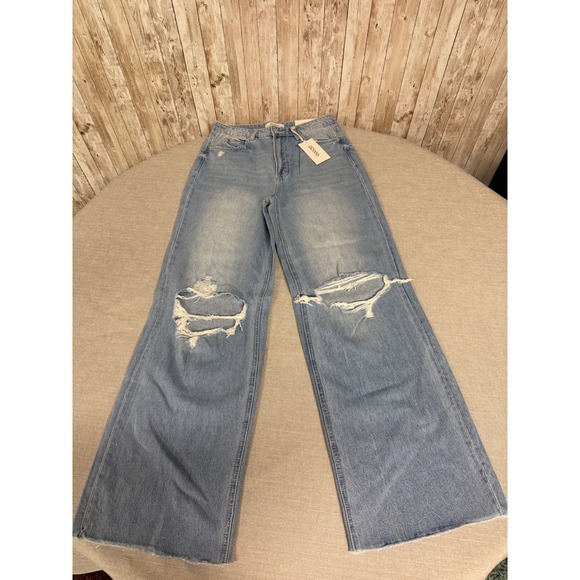 Zenana Denim - Zenana Womens High Waisted Wide Leg Distressed Jeans Light Wash Size 28 NEW
